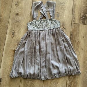 Alice + Olivia Silk Sequin Crystal Babydoll Dress Gray & Silver